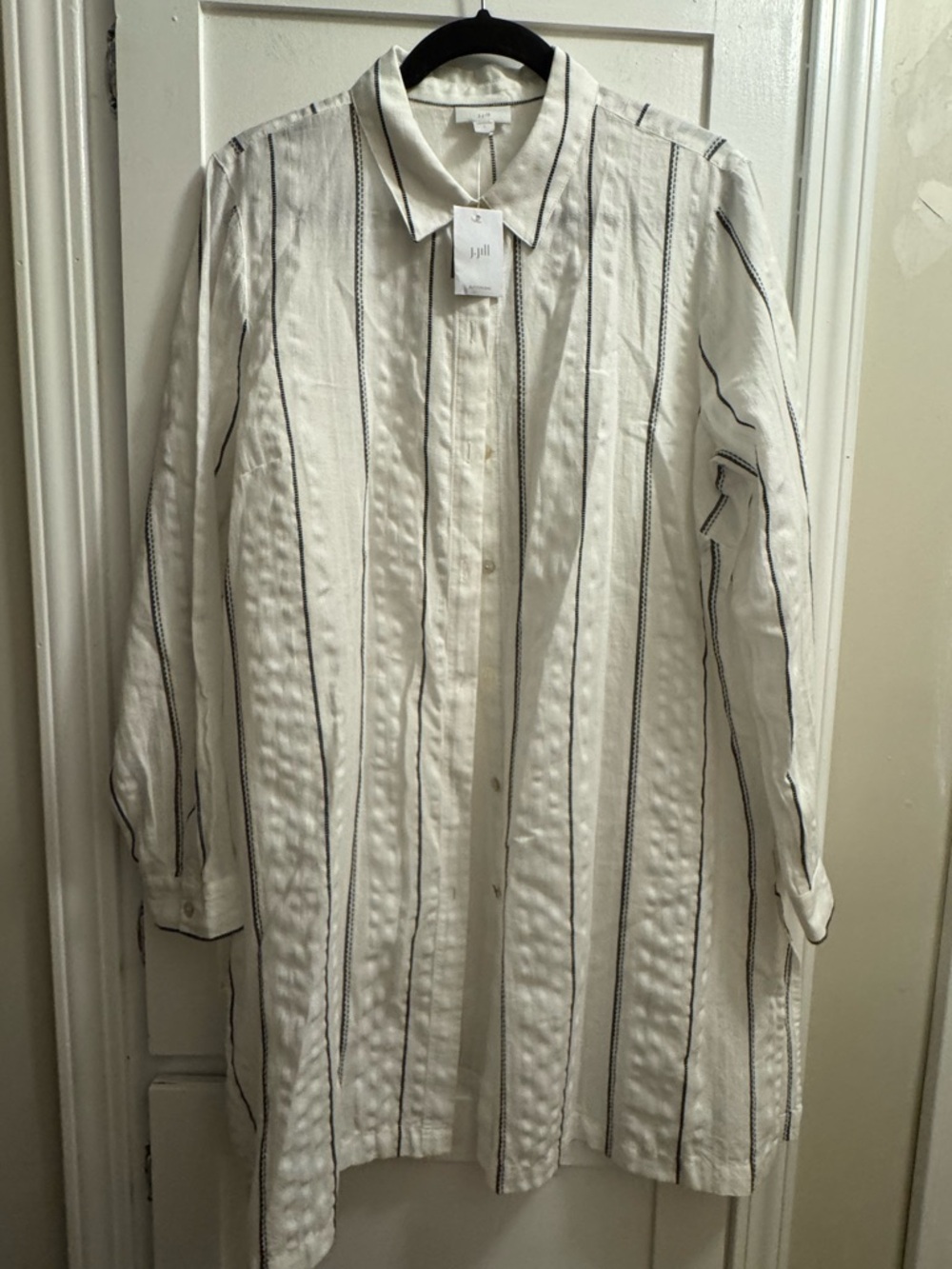 J Jill White Long Button-Up Shirt Dress swim cover up w/ Black Stripes L
